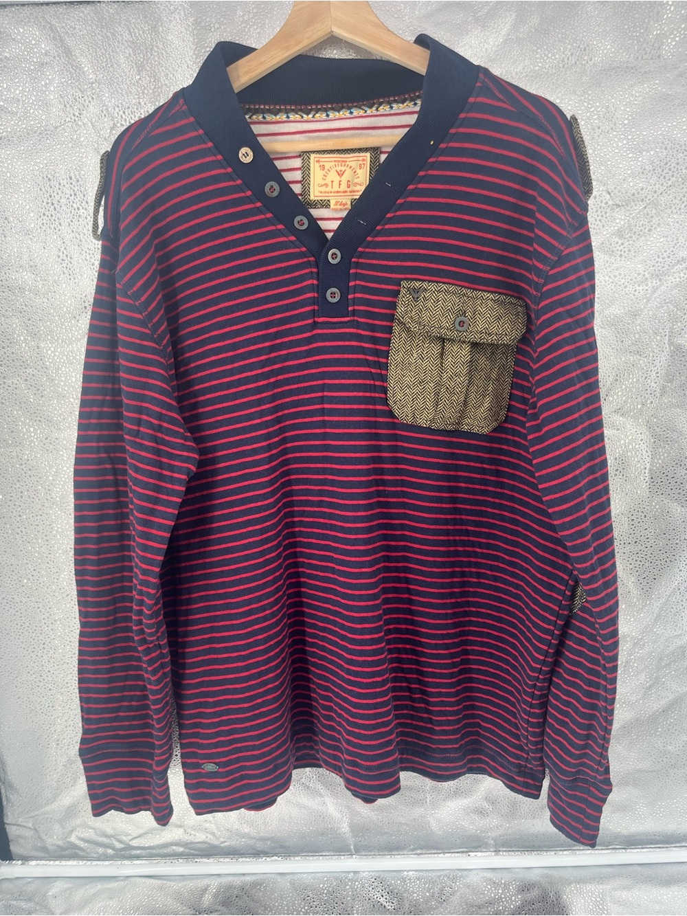 TFG Men's Long Sleeve Striped Henley Shirt with Herringbone Elbow Patch Cotton L